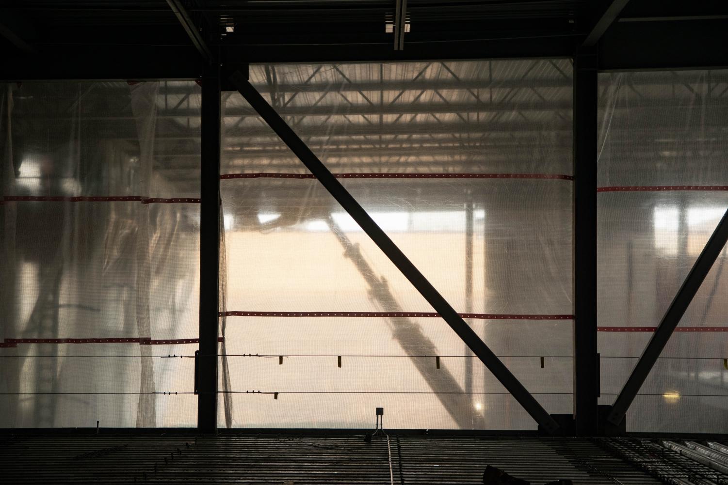 A view of a crane from the second floor multipurpose room.