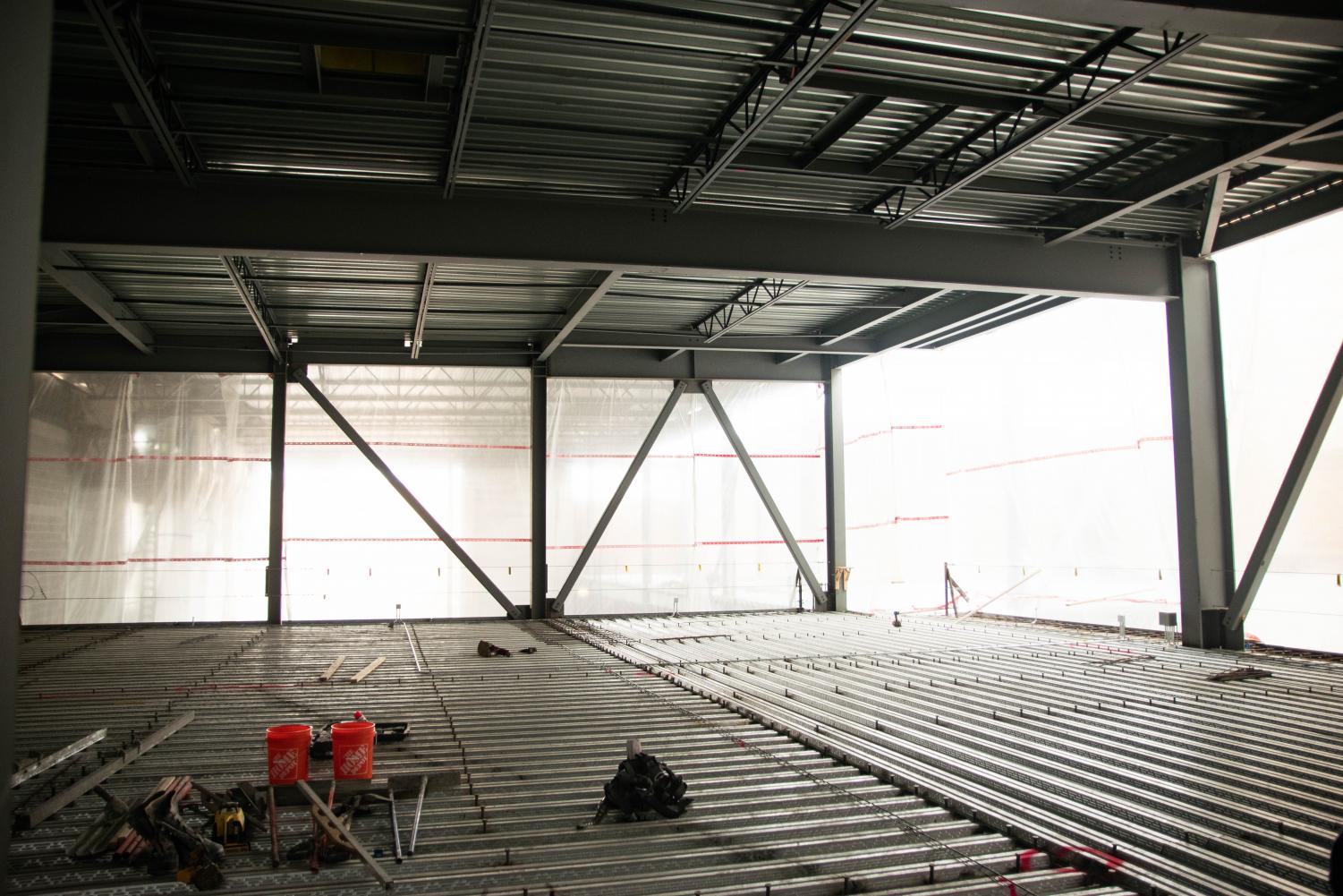 This is the skeleton of the new second-floor multipurpose room, which had concrete poured in shortly after the Omega's visit to the site. This area of construction is visible from windows across from the English office.