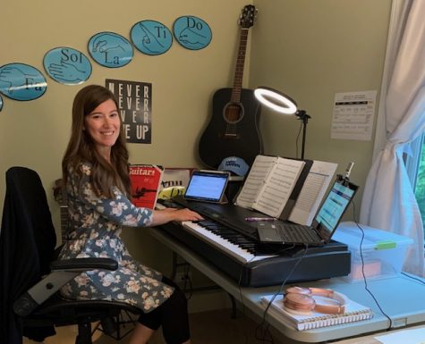 SINGING FROM HOME: Choir Director Beth O’Riordan shows off her teaching set up.