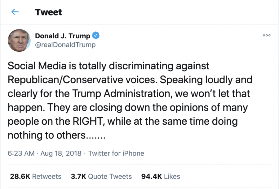 SILENCING THE CONSERVATIVES: an Aug. 18, 2018 tweet from President Trump highlighting how social media discriminates against Republican/Conservative voices.