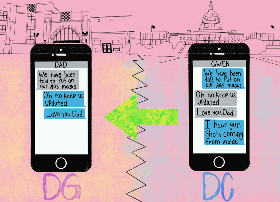 An illustration of the texts exchanged between Gwen Casten (11) and her father, Congressman Sean Casten (IL-06) the day of the insurrection.