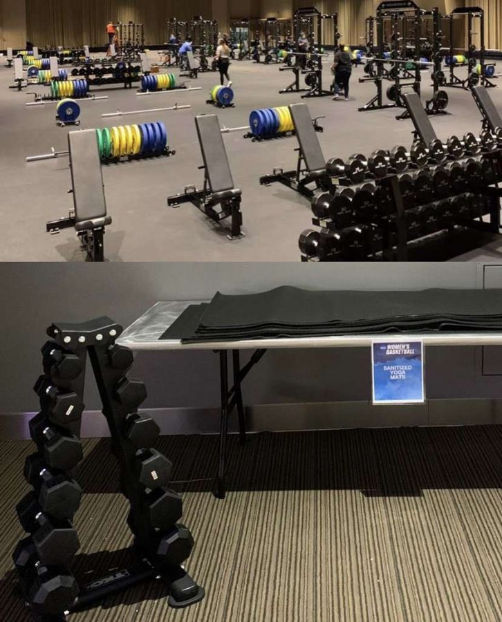 GENDER DISPARITY: Images showing differences between the mens weight room (top) and that of the womens (bottom) went viral during March Madness tournament.