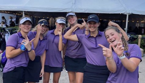 DUBS ONLY: Members of the girls’ varsity golf team celebrate after winning their sectional meet at the Village Greens golf course in Woodridge.
