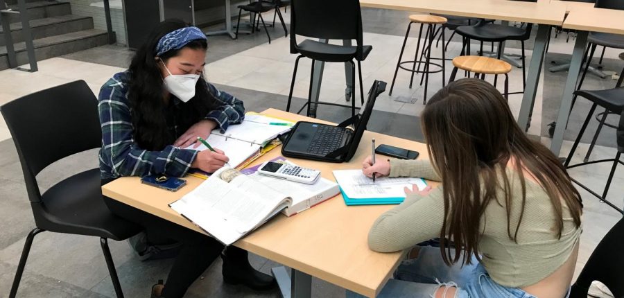 STUDYING ANEW: Madeline Antonio (12) and Ella Knickerbocker (11) review their notes for their final exams, which will take place under an updated schedule beginning this semester.
