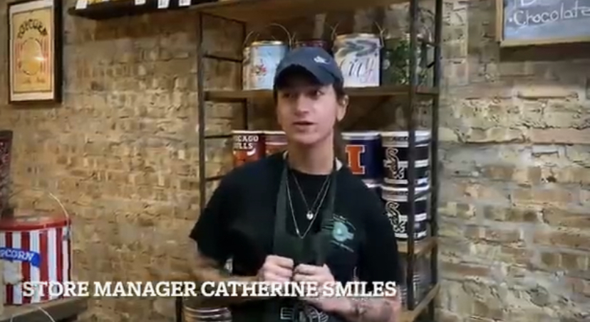 Catherine Smiles explains what she is doing as manager to help the Wells Street Popcorn through the holiday season. 