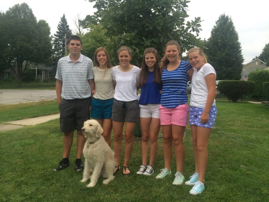 FLASHBACK: The Miller children and their late dog Daisy gather on their first day of school in 2014. Left to right: Rowan (16), Colleen (15), Brigid (15), Margaret (14), Erin (12), Maeve (10).