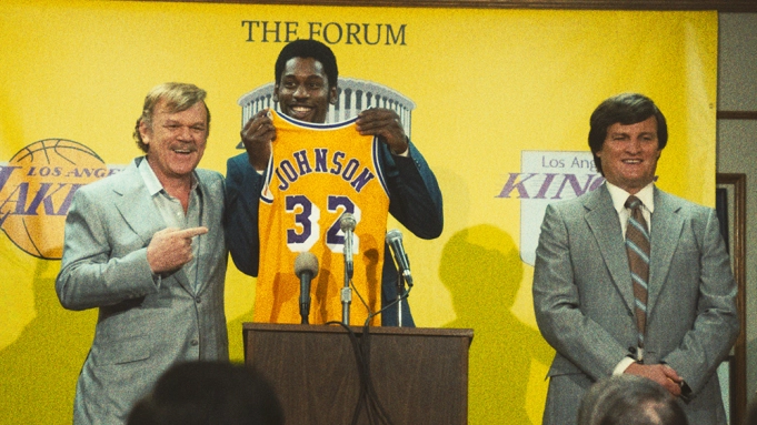 Left+to+right+Jerry+Buss+%28John+C.+Reilly%29+presents+a+jersey+to+newly+drafted+Magic+Johnson+%28Quincy+Isaiah%29+alongside+GM+Jerry+West+%28Jason+Clarke%29