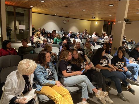 STANDING TOGETHER: Supporters of the librarys drag event attend the Wednesday night village meeting fully outfitted in We Support our Library t-shirt.