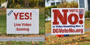 LOUD AND PROUD: Community members use lawn signs to voice their opinions on video gaming, some including QR codes for informational websites to garner support for their side.